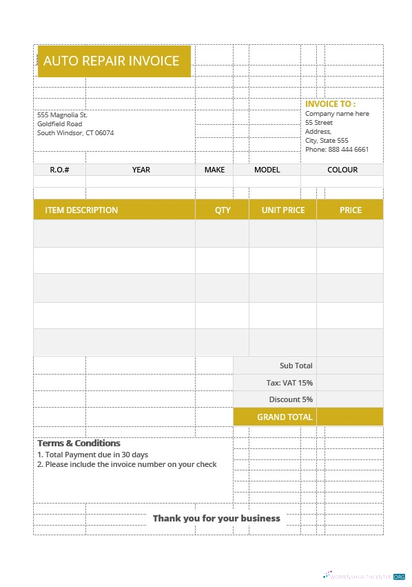 Download Sample Auto Repair Invoice Template Photoshop template